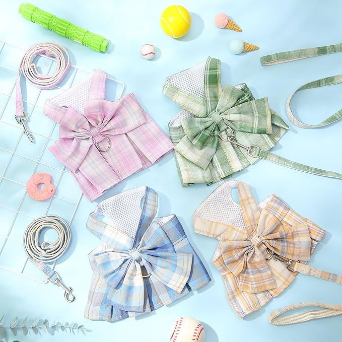 4 Pcs Cute Plaid Dog Dress Set with Bow Tie Harness & Leash for Small Dogs, Puppy Clothes for Girls Summer Outfits(M,Light Color)