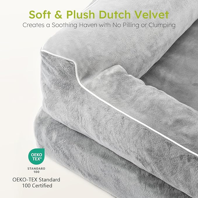 Dog Beds for Large Dogs, Orthopedic Pet Bed with Cooling Gel Memory Foam, Waterproof Large Dog Beds with Removable Washable Cover, 36" Pet Sofa Dutch Velvet with Blanket Bone Toy, Light Gray