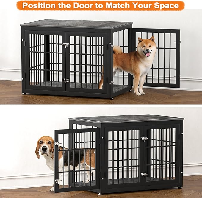 38 Inch Heavy Duty Dog Crate Furniture for Large and Medium Dogs, Decorative Pet House End Table, Wooden Cage Kennel Furniture Indoor, Gray