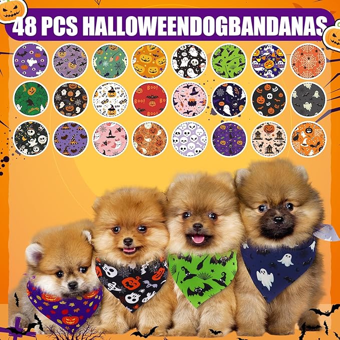 Sanwuta 48 Pcs Halloween Dog Bandanas Bulk Pumpkin Dog Bandanas Adjustable Ghost Colorful Scarf Handkerchief Bib Accessories for Small Medium Large Breeds Pet Costume Accessories