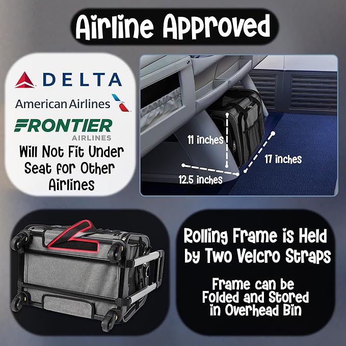 Pet Carrier with Wheels | Delta American Frontier Airline Approved | Two Expandable Sides, Storage Pockets Adjustable Leash | Rolling Dog and Cat Carrier TSA Compliant (Light Grey 17x12.5x11)