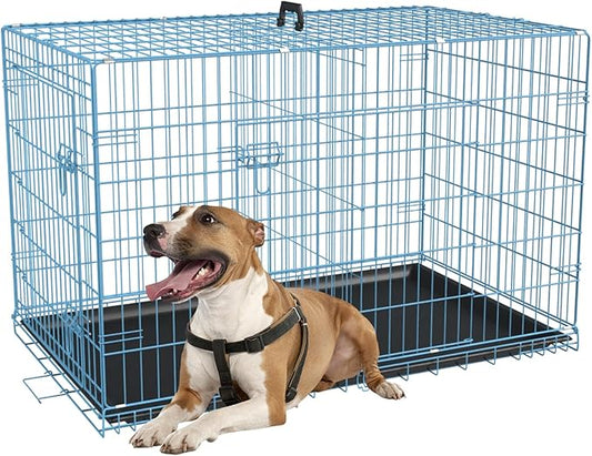 FDW Dog Crate for Medium Dogs 36 Inch Folding Metal WirePet Cage Double Door W/Divider Panel Indoor Outdoor Kennel Leak-Proof Plastic Tray,Blue