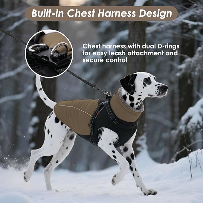 ASENKU Reflective Dog Coat with Built-in Harness, Windproof Fleece-Lined Dog Jacket for Small, Medium, Large Dogs, Warm Winter Vest with Turtleneck & Zipper (Khaki M)