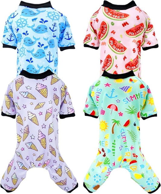 PET SHOW 4 Pack Small Dog Pajamas for Medium Dogs Girl Boy Watermelon Soft Stretchy PJs Whale Ice Cream Jumpsuit Puppy Floral Onesies Outfits with Sleeve Pets Breathable Summer Dog Clothes Costume L