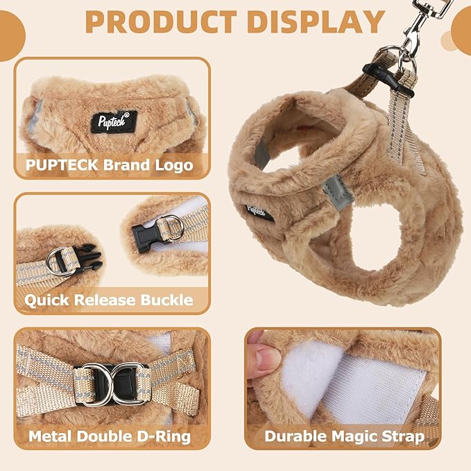 PUPTECK Adjustable Dog Harness Collar and Leash Set Step in No Pull Pet Harness for Small Medium Dogs Puppy and Cats Outdoor Walking Running, Soft Mesh Padded Reflective Vest Harnesses, Khaki S