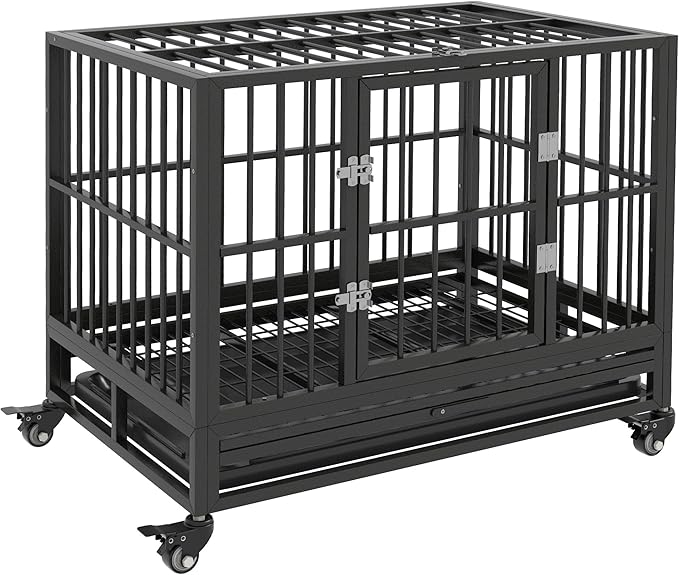 PawHut 36" Heavy Duty Dog Crate Metal Cage Kennel with Lockable Wheels, Double Door and Removable Tray, Gray