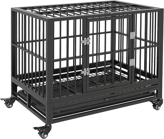 PawHut 36" Heavy Duty Dog Crate Metal Cage Kennel with Lockable Wheels, Double Door and Removable Tray, Gray