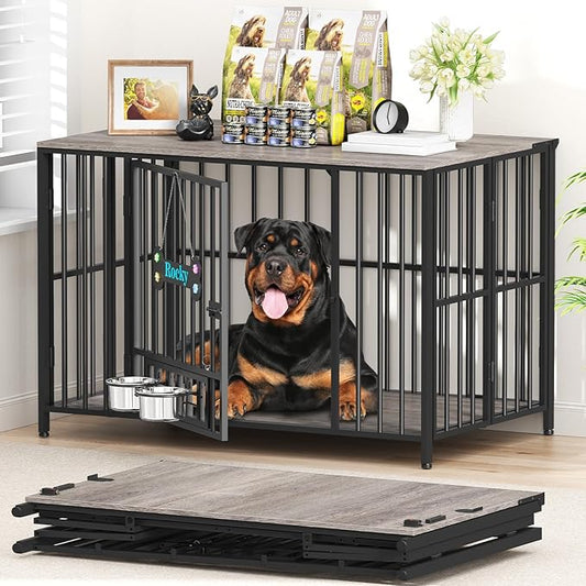 Easycom 43" Dog Crate Furniture Foldable, No Assembly Decorative Dog Kennel Indoor, XL Dog Crates for Large Dogs (60-80 lbs), Wooden Dog Cage with Adjustable Bowls and Name Tag, Oak Grey