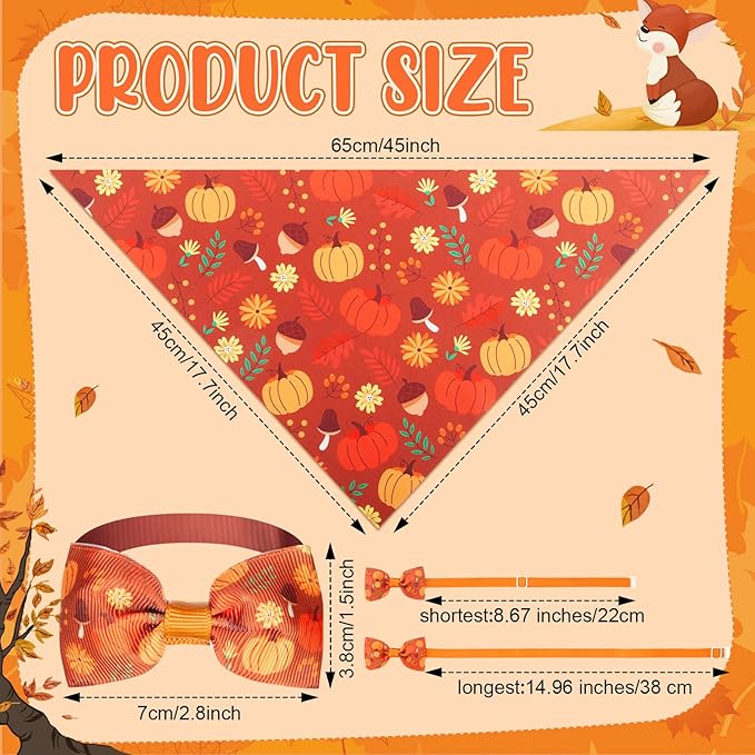 Sanwuta 50 Pcs Thanksgiving Fall Dog Bandanas Bulk and Collar Bow Ties Set 25 Autumn Bandanas 25 Fall Charm Dog Collar Pet Maple Leaves Pumpkin Triangle Pet Scarf Bowtie for Small Medium Large