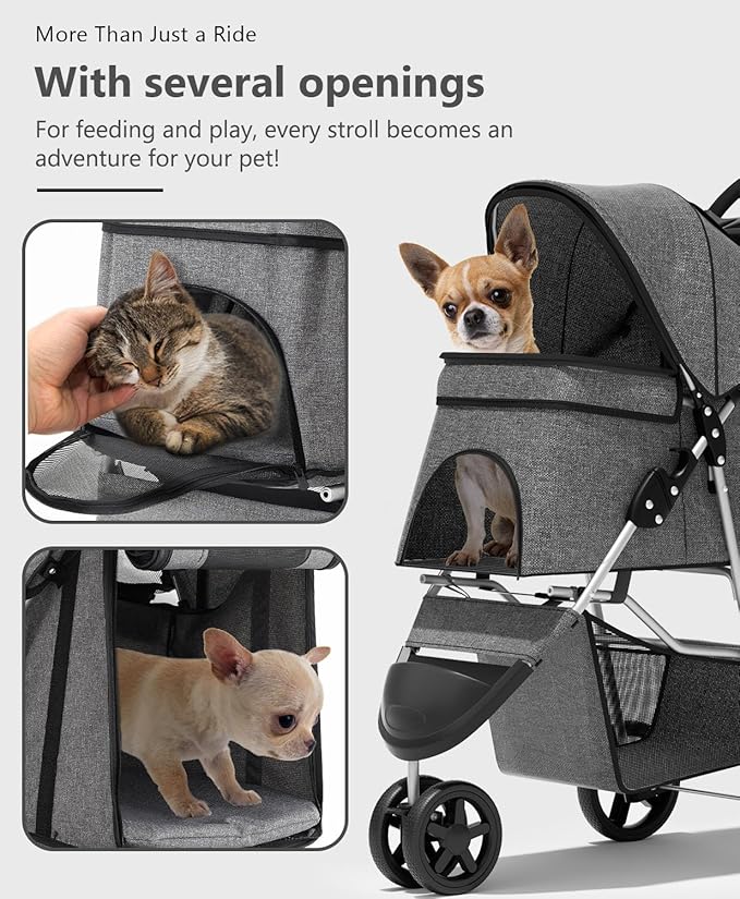 Pet Stroller with 3 Wheels for Small/Medium Pets, Portable Travel Foldable Carrier Jogger for Dog Cat Puppy Kitty, Rear Wheel Breaks, Storage Basket, Visible Mesh with Weather Cover (Gray)