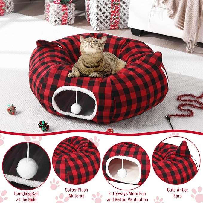 Christmas Cat Tunnel Bed with 8 Cat Toys Fluffy Plush Dog Tunnel Bed with Washable Cushion and Dangling Balls 3FT Multifunctional Playground for Small Medium Large Rabbit(Plaid,Red)