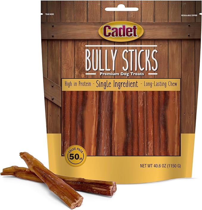 Cadet Bully Sticks for Small Dogs – All-Natural Beef Pizzle, High Protein, Low Fat, Long-Lasting, Grain & Rawhide-Free Dog Chews for Aggressive Chewers, Small (50 Count)