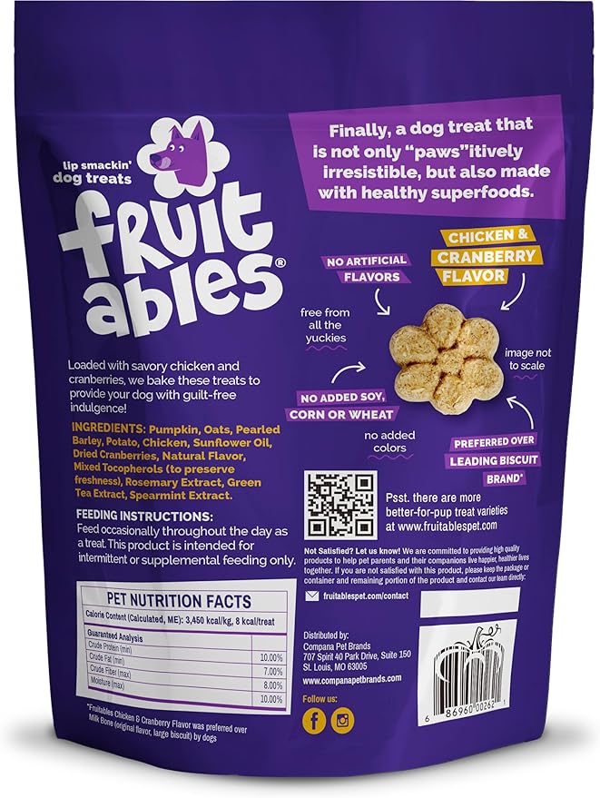 Fruitables Baked Dog Treats, Healthy Pumpkin Treat for Dogs, Low Calorie & Delicious, Free of Wheat, Corn and Soy, Made in The USA, Chicken and Cranberry Flavor, 12 oz