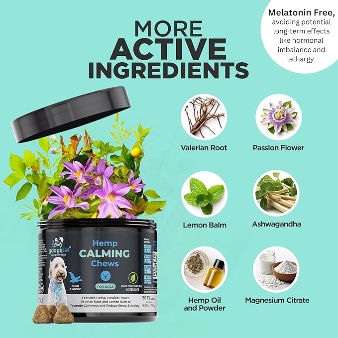 Googipet Hemp Calming Chews for Dogs - Separation Anxiety Relief for Dogs, Non-Drowsy Dog Calming Chews - Anxiety Relief Treats with Valerian Root, & Hemp (Calming Chews)