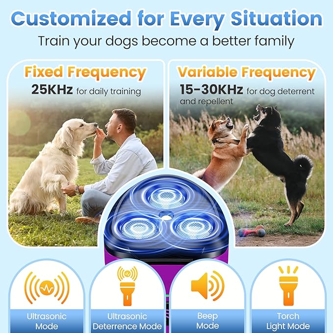 Dog Bark Deterrent Device, Anti Barking Device for Dogs 3X Ultrasonic to Stop Barking Neighbors Dog| 50ft Range, 5 Adjustable Modes, Flashlight & Beep | Safe & Effective for Small, Medium & Large Dogs