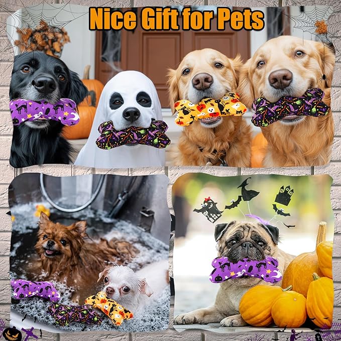 6 Pack Halloween Dog Squeaky Bone Toys Halloween Plush Interactive Dog Pets Birthday Bone Shape Stuffed Chew Toys for Puppy Small Medium Large Squeak Toss Play