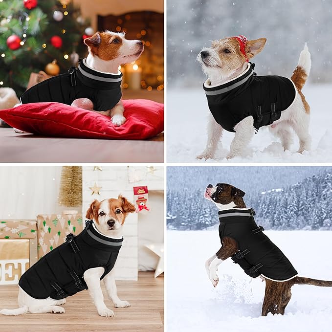 Dogcheer Dog Coat, Waterproof Dog Jacket with Harness, Reflective Adjustable Winter Coat with Zipper, Christmas Pet Snow Jacket Clothes for Small Medium Large Dogs - Black 2XL