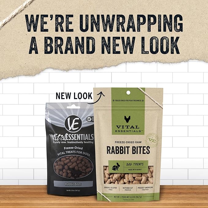 Vital Essentials Rabbit Bites Dog Treats, 2 oz | Freeze-Dried Raw | Single Protein | Premium Quality High Protein Training Treats | Grain Free, Gluten Free, Filler Free