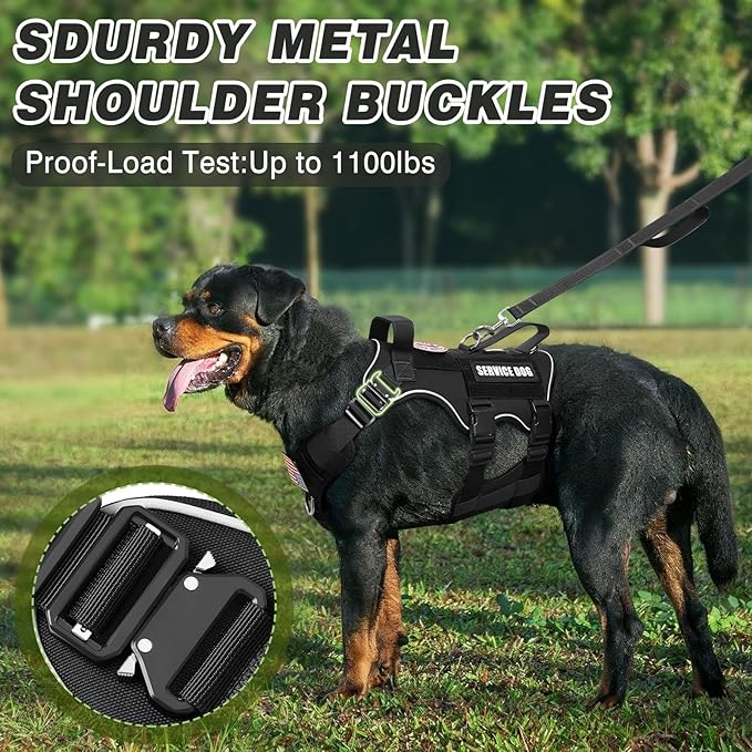 Tactical Service Dog Vest and Leash Set,Heavy Duty Harness with Metal Buckles for Large Dogs,Adjustable No Pull Pet Vest with 10 Patches,for Training Working Hiking,Black L