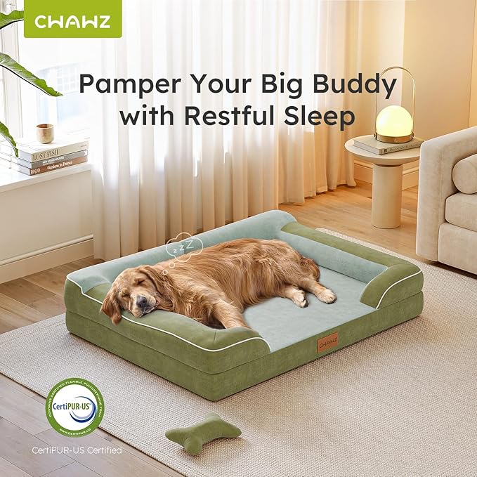 Extra Large Dog Bed, Orthopedic Dog Bed with Cooling Gel Memory Foam, Waterproof XL Pet Bed with Removable Washable Cover, 42" Pet Sofa Couch Dutch Velvet with Bone Toy, Dark Green