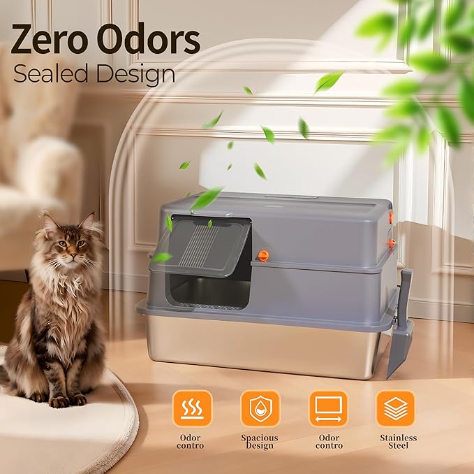 Enclosed XXXL Stainless Steel Litter Box, 28" L x 20" W x 17" H, Side Entry Extra Large Metal Cat Litter Box with Lid for Big & Multiple Cats, Removable Enclosure, Anti-Leakage,Easy to Clean