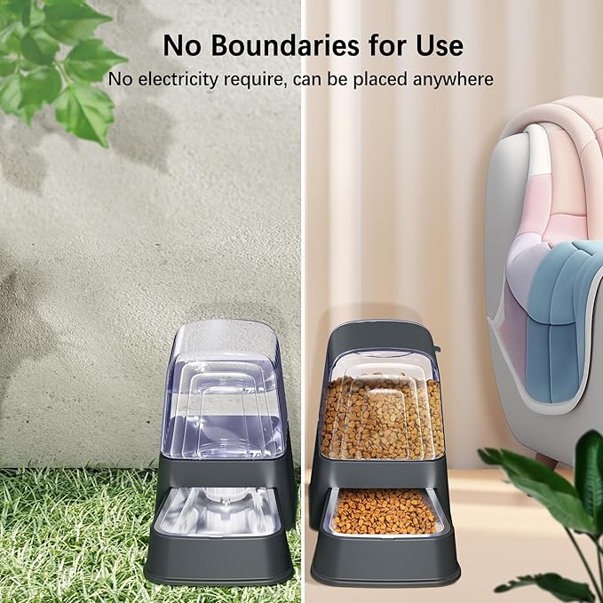 Automatic Dog and Cat Food Feeder and Water Dispenser Set with Stainless Steel Bowls,Gravity Pet Food and Water Feeders,100% BPA-Free,Large Capacity for Cats Dogs Pets…(3.5L Dark Gray)