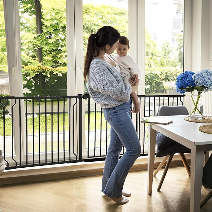 Extra Wide Baby Gate for Stairs Doorways with Door, 30" Tall 75.8-85" Wide Easy Install Dog Gate Indoor, Safety Metal Pressure Mounted Pet Gate with Walk-Thru Auto Close for The House, Black