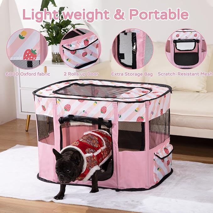 Portable Pet Playpen, Cat Playpen for Indoor Cats Enclosed，Kitten Playpen Indoor with Resistant Breathable Shade Cover,Indoor Outdoor Use for Small Medium Pet (M, Pink)