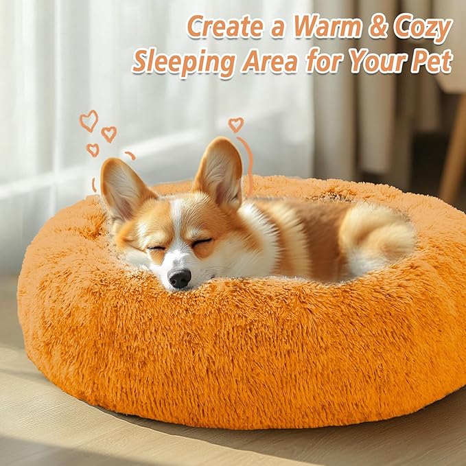 JOLLYVOGUE Calming Dog & Cat Bed for Small Dogs, Anti-Anxiety Donut Cuddler Cozy Soft Round Bed with Anti-Slip Bottom, Fluffy Faux Fur Plush Cushion Beds for Small Medium Pets (23")