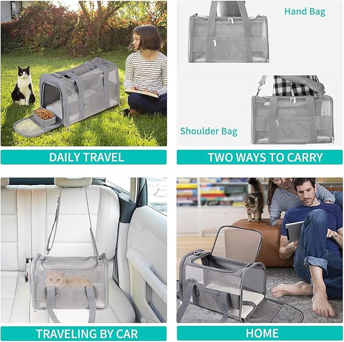 Large Cat Carrier Dog Carrier, Pet Carrier for 2 Cats Large Cats, Dog Carrier for Medium Small Dogs, Collapsible Soft Sided Pet Carrier for Dogs Puppy of 25 Lbs, Grey