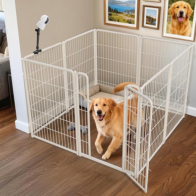 FXW Homeplus Unleashed Indoor Dog Playpen - Stress-Free and Safe Play, Heavy Duty 40 Inch 8 Panels with Playpen Camera Mount for Medium and Large Dogs, White│Patented
