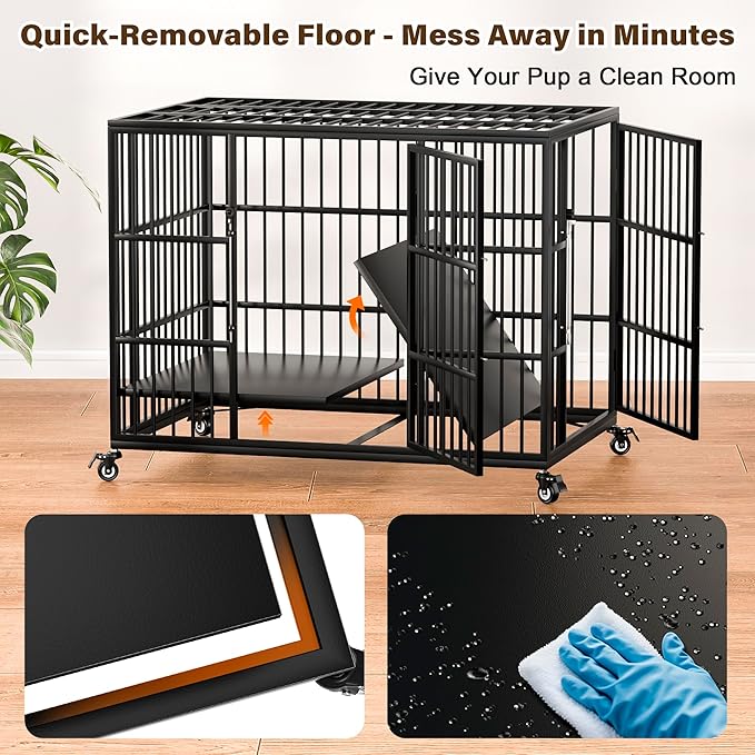 VERIFURTY 42 Inch Heavy Duty Dog Crate for Large and Medium Dogs with Self-Locking Latch, Escape-Proof Steel Kennel Indoor, XL Large Double Door Metal Pet Cage with Wheels