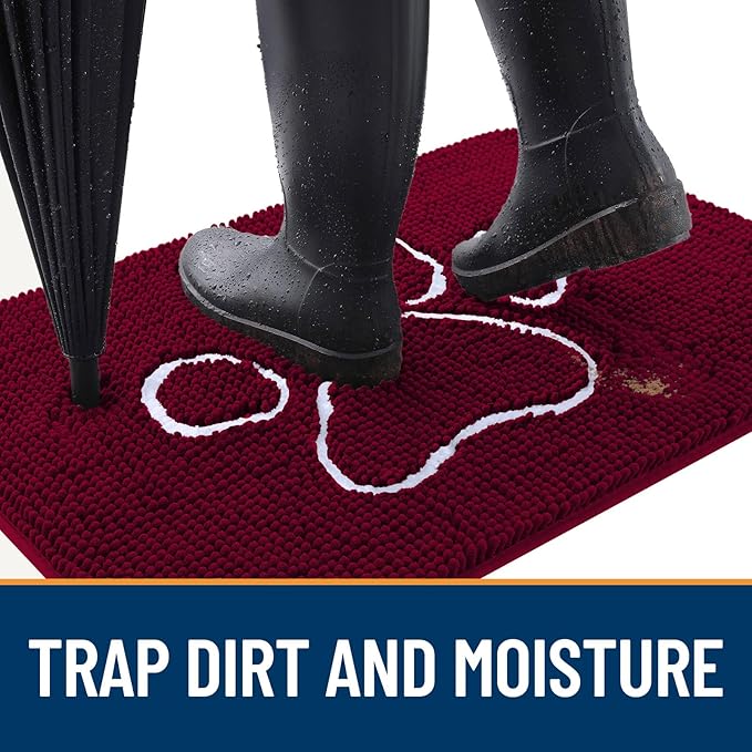 OLANLY Dog Door Mat for Muddy Paws 47x32, Paw Print Design, Absorbs Moisture and Dirt, Absorbent Non-Slip Washable Doormat, Quick Dry Chenille Mud Mat for Dogs, Entry Indoor Entryway Carpet, Burgundy