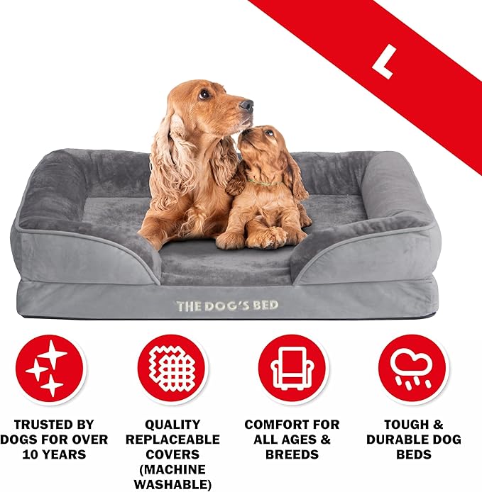 The Dog’s Bed, Orthopedic Standard Foam Waterproof Dog Bed with Standard Support, Large Silver Grey Plush, Waterproof, Supportive Dog Bed with Replaceable Covers