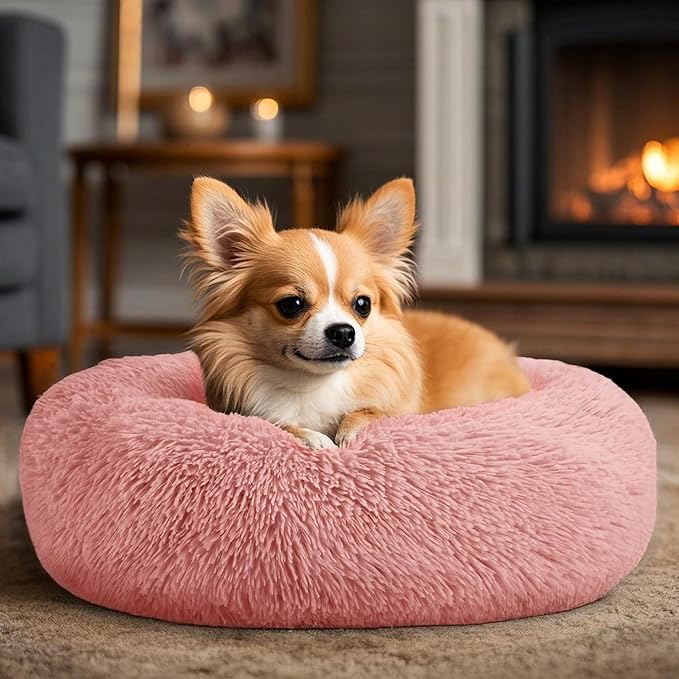 Dogs Bed for Small Dogs, Anti-Anxiety Washable Round Bed (Pink, 24.0" L x 24.0" W x 8.0" Th)