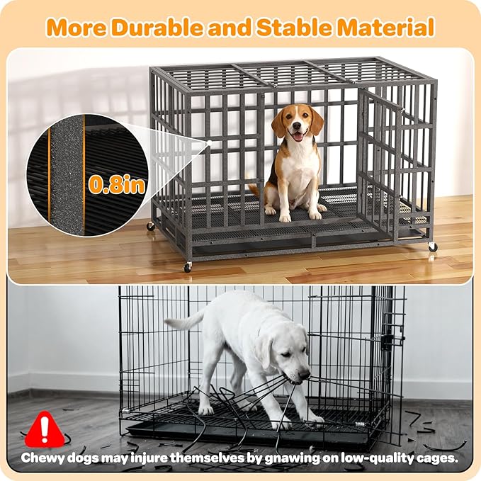 Heavy Duty Indestructible Dog Crate 42 Inch with Removable Tray, Sizes & Colors Optional, Escape Proof Double Door High Anxiety Cage Indoor, Kennel with Wheels for Large Dogs, XL XXL XXL