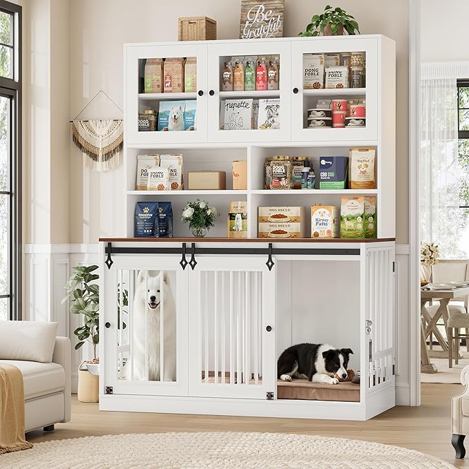 HOSTACK 71" Tall Dog Crate Furniture, 55" W Dog Kennel with Storage Hutch, XL Dog Crate for 2 Dogs with Feeding Bowls, Indoor Heavy Duty Dog Cage with Removable Room Divider, Wooden Pet House, White