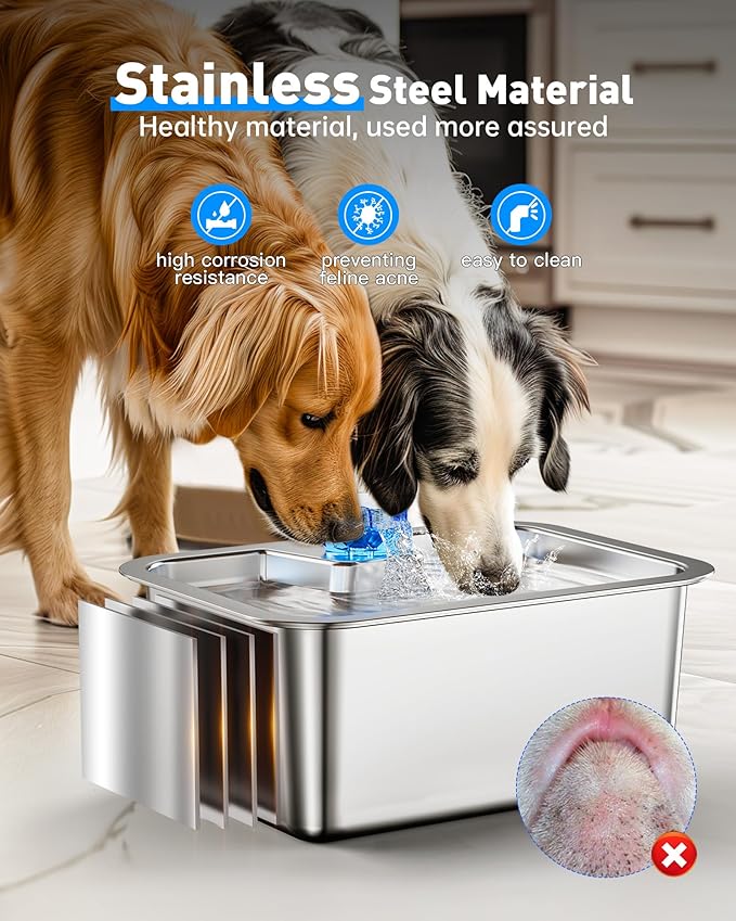Large Dog Water Fountain Dispenser - 3 Gallon Stainless Steel Pet Water Fountain with 4 Filters for Large Dogs, Automatic Big Dog Water Bowl Dispenser Drinking for Multi-pet, Easy to Clean, Quiet Pump