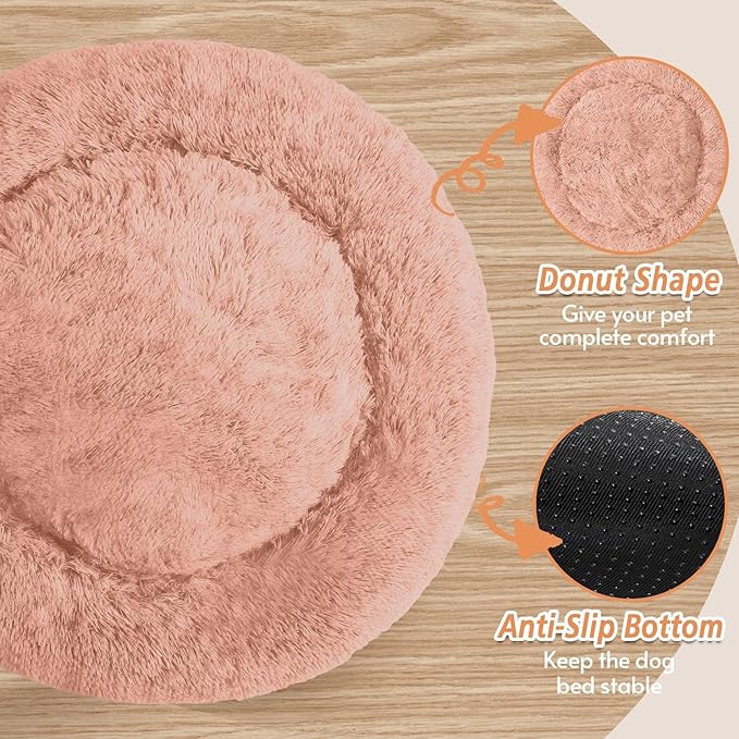 JOLLYVOGUE Calming Dog & Cat Bed for Small Dogs, Anti-Anxiety Donut Cuddler Cozy Soft Round Bed with Anti-Slip Bottom, Fluffy Faux Fur Plush Cushion Beds for Small Medium Pets (20")