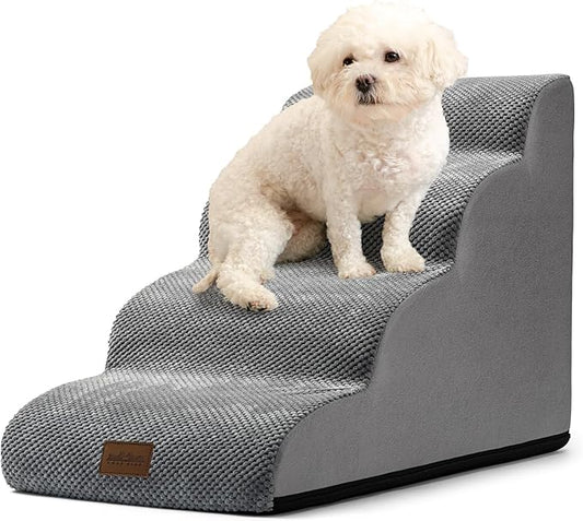 Dog Stairs for Small Dogs 19.7" H, Curved Dog Step for Puppy, Older or Cat, Medium Pet Ramp for Sofa, Couch or Bed, Ladder with High Density Foam, 4 Step, 15.7x28.3x19.7 inch, Grey