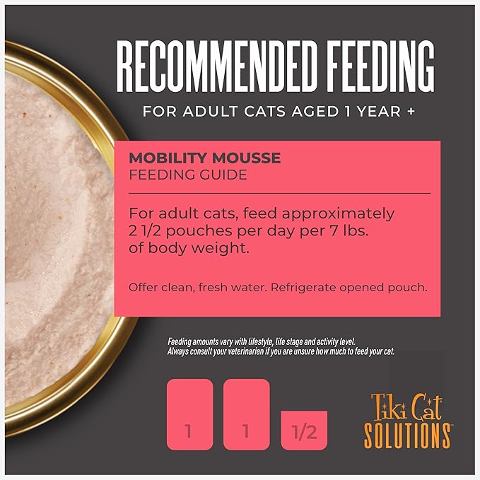 Tiki Cat Solutions Mobility Mousse, Chicken & Tuna Recipe in Broth, Formulated to Support Healthy Joints, Functional Wet Cat Food, 2.4 oz. Pouch (12 Count)