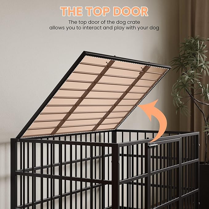 Heavy Duty Metal Dog Crate, 48.5 in Extra Large Double Door Dog Cage with Wheels, Folding Indoor Pet House with Removable Tray Perfect for Small, Medium and Large Pets