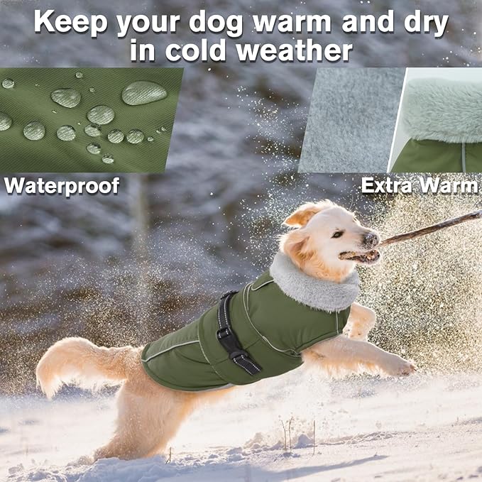 Lelepet Warm Dog Coat Reflective Fleece Vest Waterproof Dog Jacket with Adjustable Buckle Hook & Loop Windproof Cold Weather Coats for Small Medium Large Dogs, Army Green, L