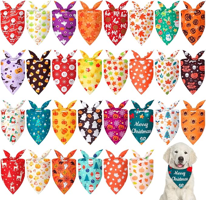 Chunful 30 Pcs Holiday Dog Bandanas Bulk for Fall Thanksgiving Halloween Christmas with Maple Leaves Pumpkin Ghost Snowman Seasonal Triangle Pet Scarf for Small Medium Large 25.6 x 17.7 x 17.7 in