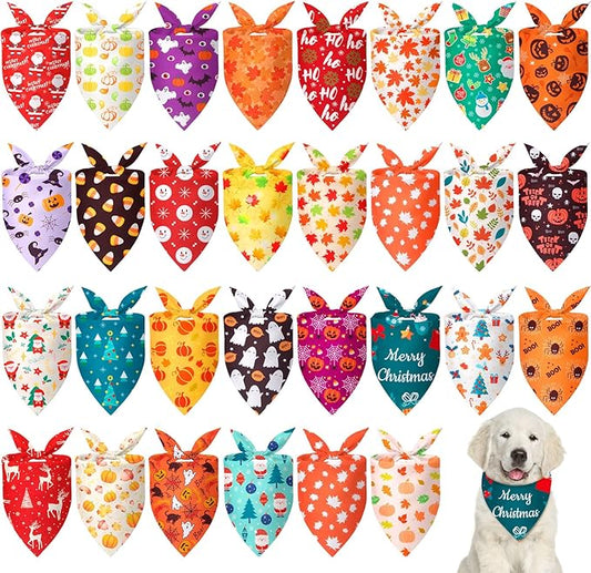 Chunful 30 Pcs Holiday Dog Bandanas Bulk for Fall Thanksgiving Halloween Christmas with Maple Leaves Pumpkin Ghost Snowman Seasonal Triangle Pet Scarf for Small Medium Large 25.6 x 17.7 x 17.7 in