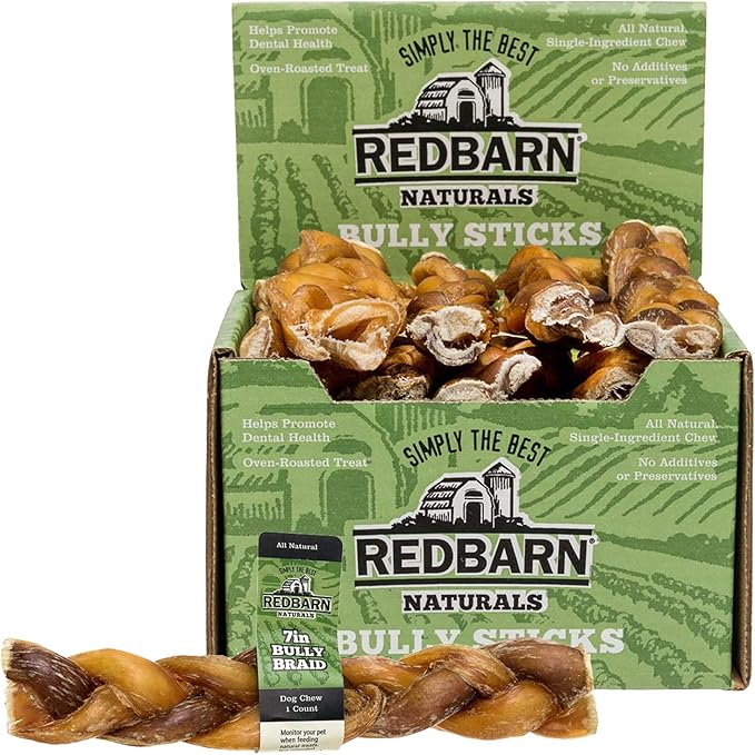 Redbarn 7" Braided Bully Sticks for Dogs. Natural, Highly Palatable, Long-Lasting Dental Chews Sourced from Free-Range, Grass-Fed Cattle (20 Sticks)