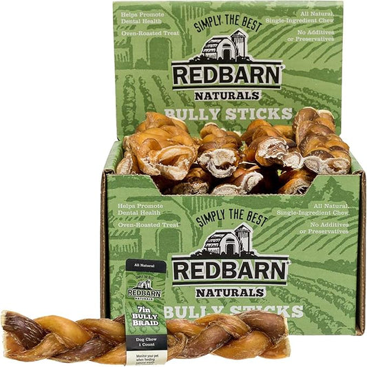Redbarn 7" Braided Bully Sticks for Dogs. Natural, Highly Palatable, Long-Lasting Dental Chews Sourced from Free-Range, Grass-Fed Cattle (20 Sticks)