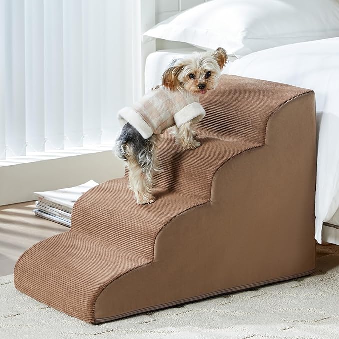 Dog Stairs for Bed, 4-Steps Dog Ramp for Bed, Pet Stair with Highly Supportive Foam and Non-Slip Bottom, Pet Stairs for Large Dogs and Medium Dogs (High 19.7 Inch)