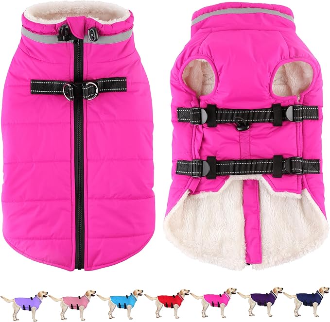 Dogcheer Dog Coat, Waterproof Dog Jacket with Harness, Reflective Adjustable Puppy Winter Coat with Zipper, Christmas Pet Snow Jacket Clothes for Small Medium Large Dogs - Pink S