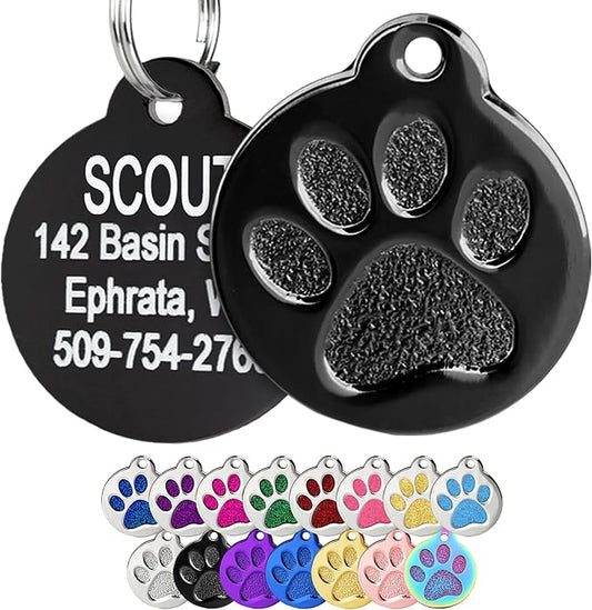 GoTags Paw Print Round Stainless Steel Pet Tag for Dogs and Cats, Personalized with 4 Lines of Custom Engraved ID Name and Number, in Stainless Steel and 15 Colors Small and Large, Black